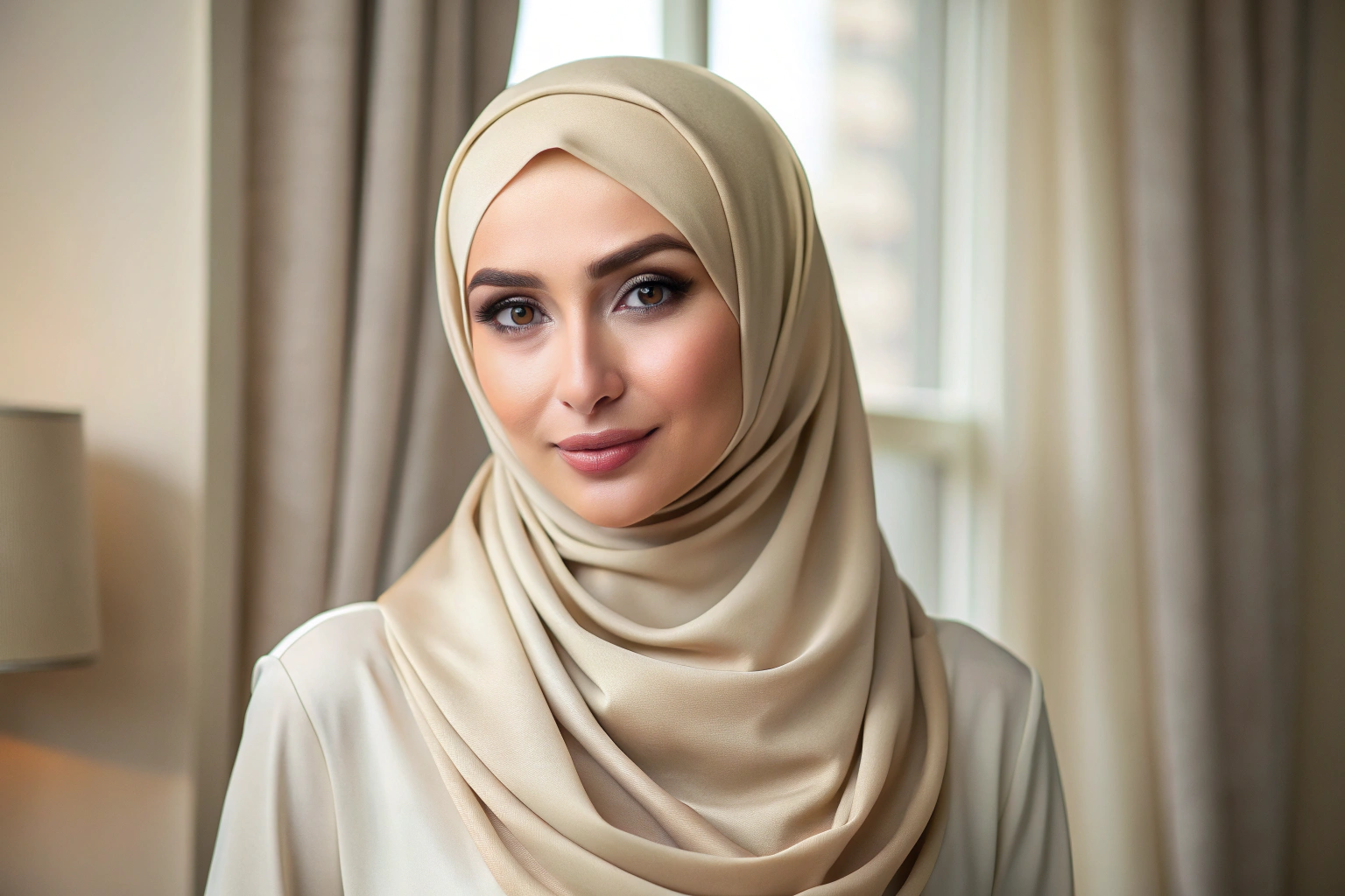 Eine Frau mit einem elegant gebundenen Hijab in einem neutralen Raum, der die Falten und die Symmetrie des Tuches zeigt, ohne sichtbare Markierungen