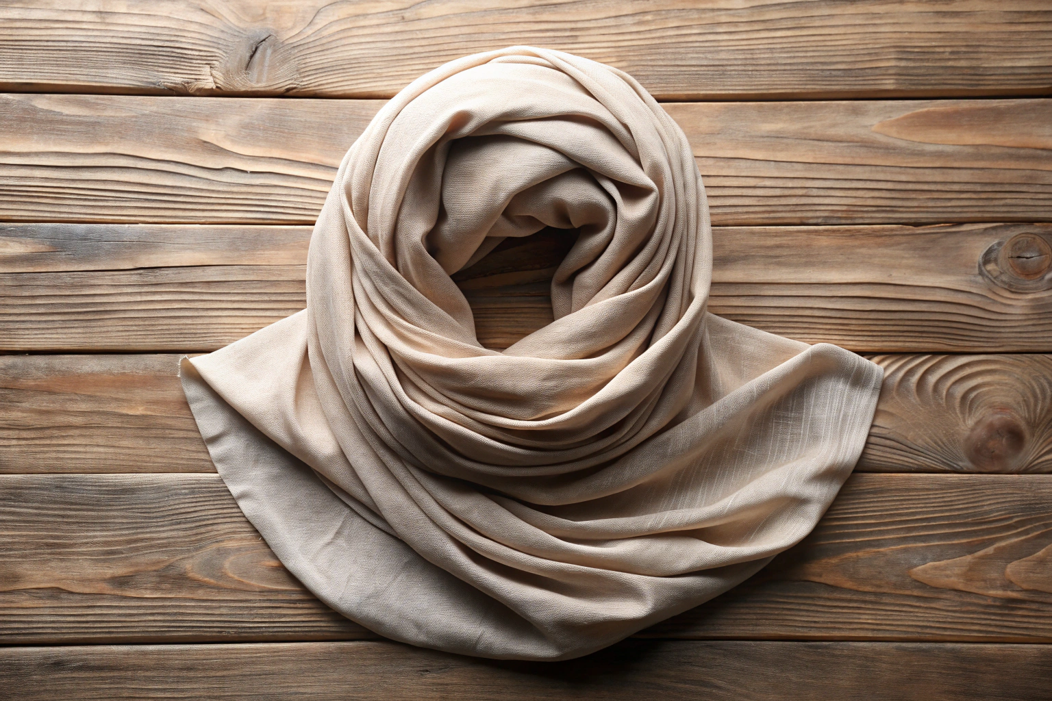 Ein hochwertiger, faltenfreier Hijab aus weichem Baumwollstoff in einem dezenten Beigeton, der kunstvoll auf einem schlichten Holztisch arrangiert ist, umgeben von natürlichem Licht, das die Textur des Stoffes betont