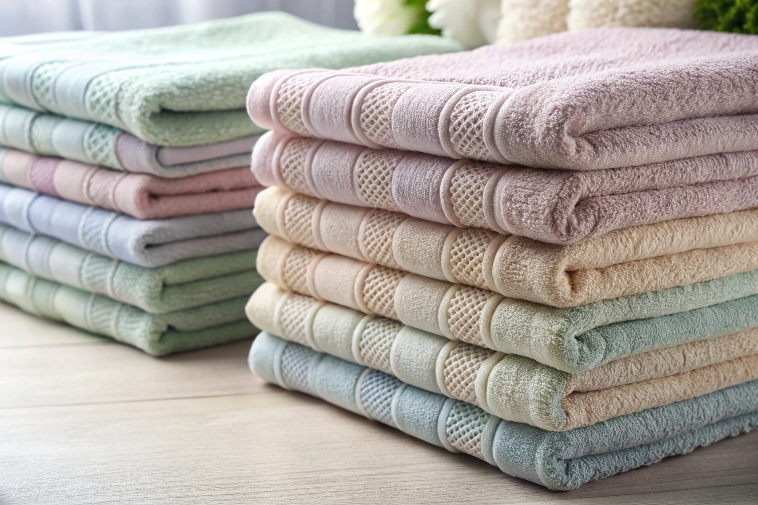 Drapierte Baumwolltücher in Pastellfarben, die weiche Falten und eine matte Textur zeigen