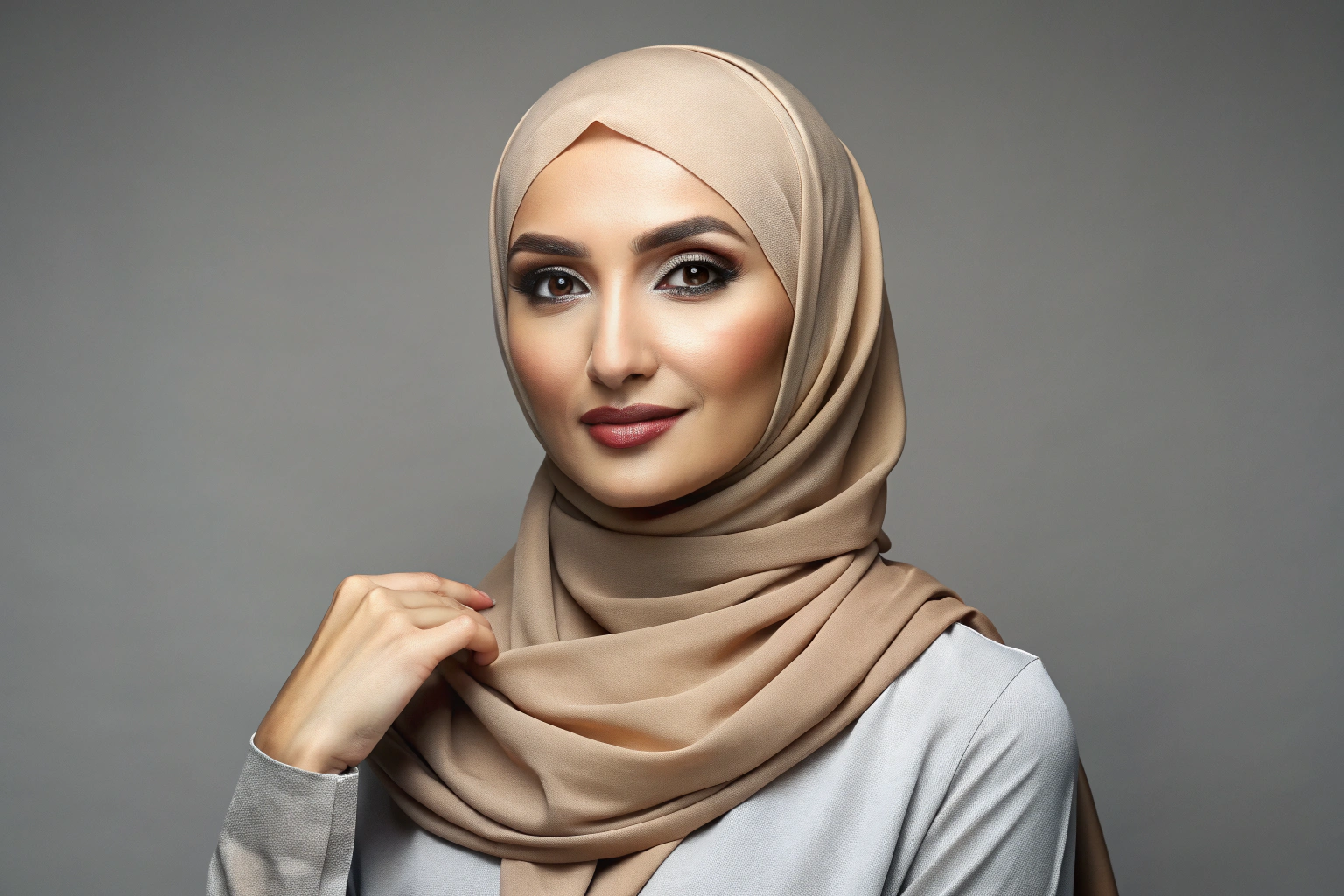 Eine Frau mit einem elegant drapierten Hijab in einem neutralen Ton, die vor einem schlichten Hintergrund posiert und lässige Kleidung trägt
