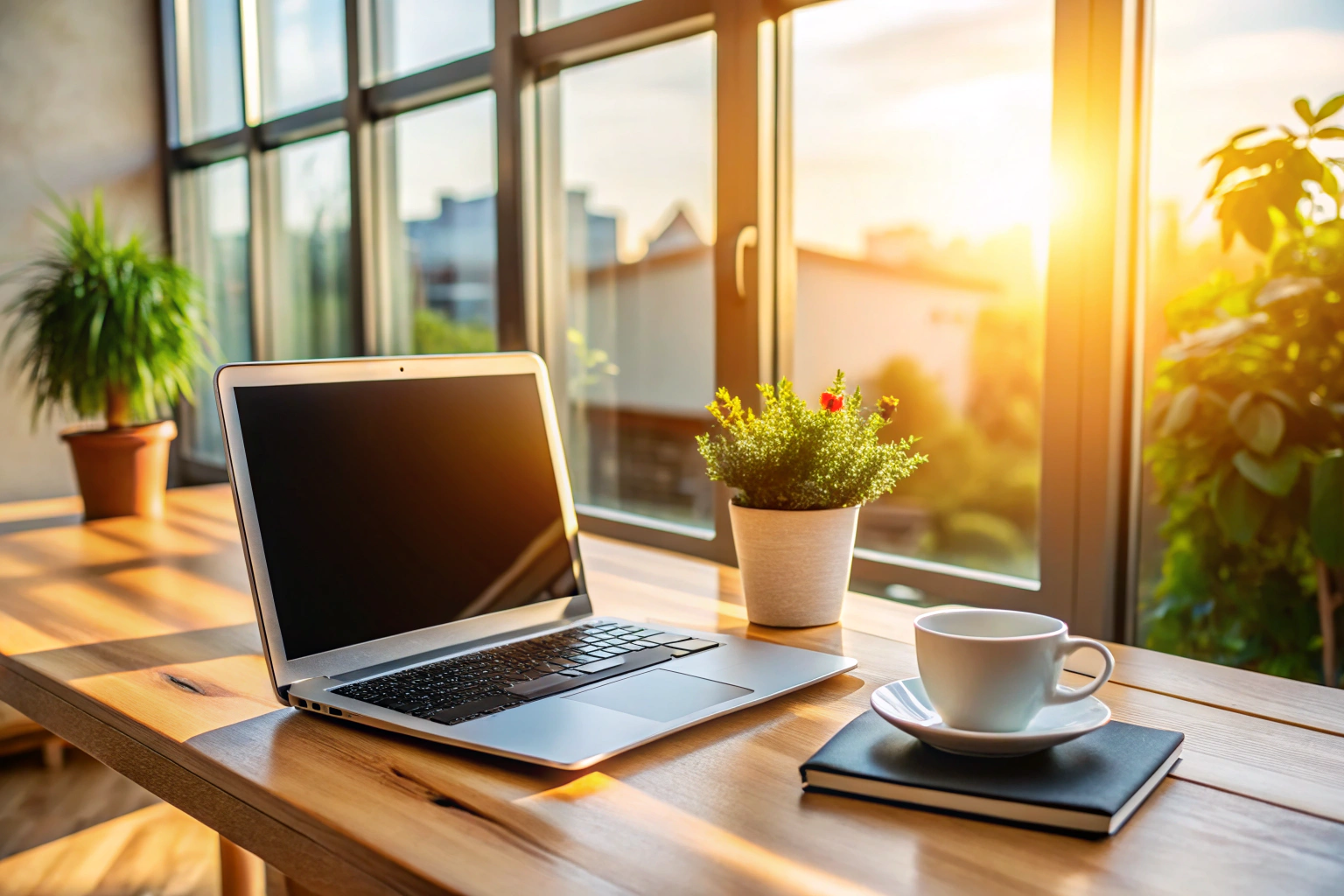A clean, minimalist desk setup with a laptop open on a wooden surface, a coffee mug nearby, and soft daylight filtering through a window, creating a calm and professional atmosphere