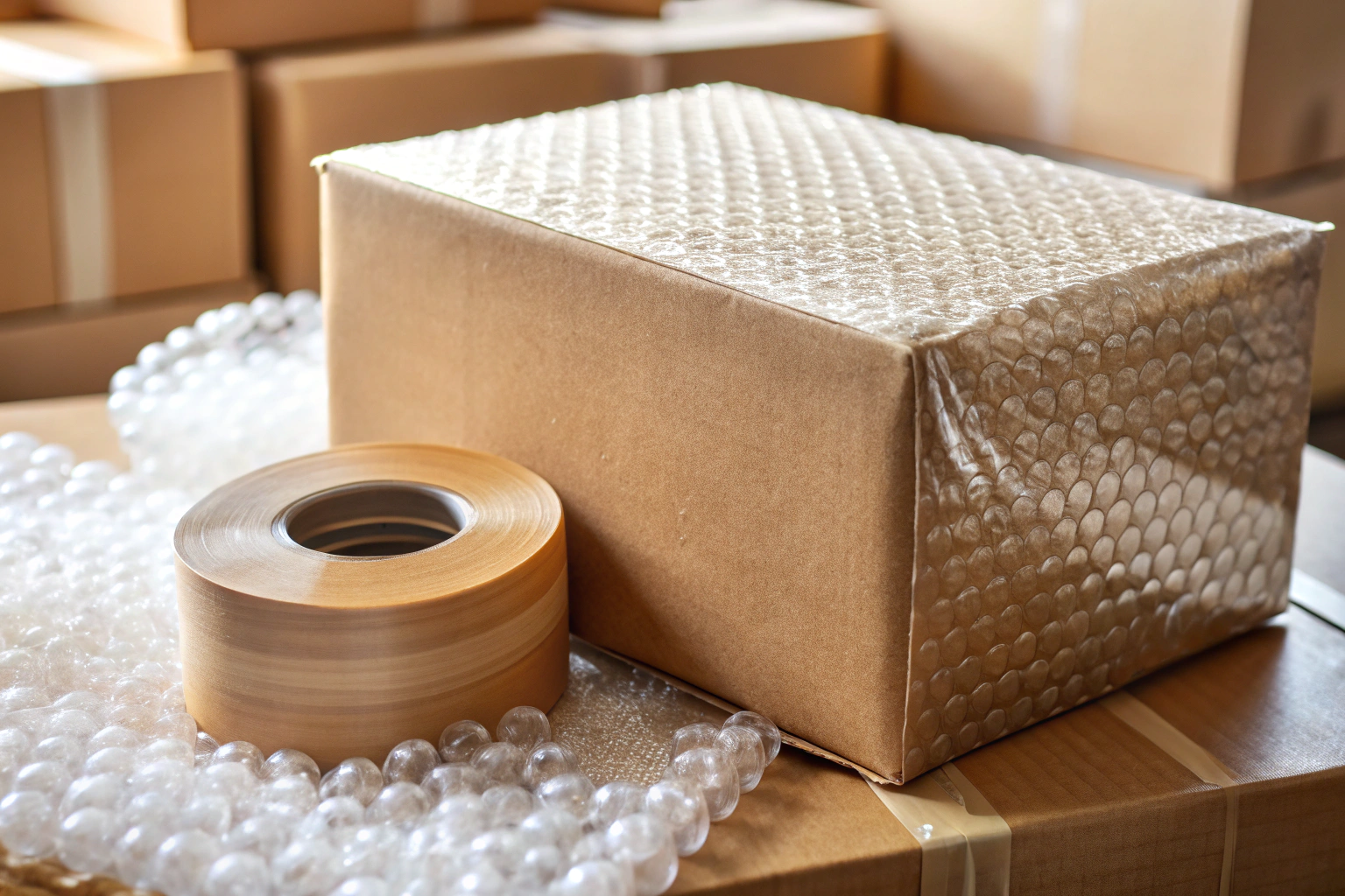 A close-up of a sturdy cardboard box being sealed with brown packing tape, surrounded by soft cushioning materials like bubble wrap, in a well-lit, neutral setting